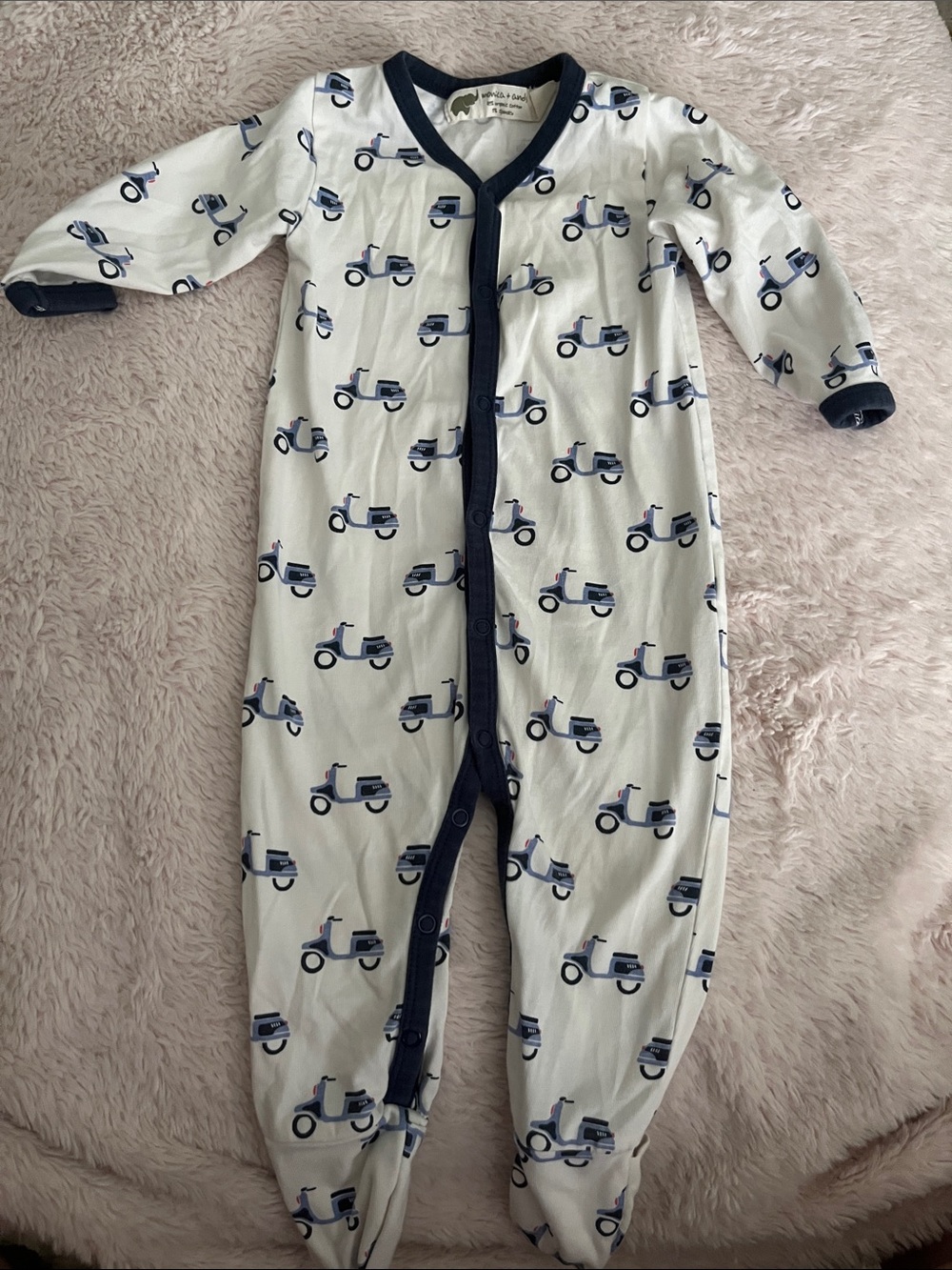 Monica + Andy Baby One-Piece Footed Sleeper in White with Navy Scooter Print